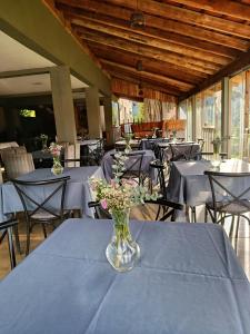 a dining room with blue tables and vases with flowers at Pousada DrChico in Poço Fundo