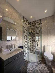 a bathroom with a shower and a sink and a toilet at Bright Modern Apartment with Rooftop in Mqabba +8 photos