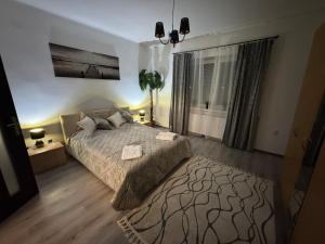 a bedroom with a large bed and a large window at Apartment PMH in Veľká Mača