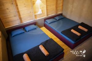 two twin beds in a room with windows at Kedella wood cabin in Nuwara Eliya