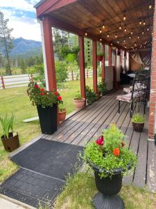 a wooden deck with plants and flowers on it at Rose Cottage Bed & Breakfast in Valemount
