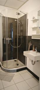 a bathroom with a shower and a sink at Hostel am Burgenring - kostenloser Parkplatz, Zentrum, Self Check-In, Küche in Schlitz