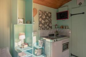 a small kitchen with a sink and a stove at The Hideaway at Duffryn Mawr Self Catering Cottages in Cowbridge
