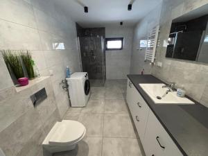 a bathroom with a toilet and a sink and a shower at Klimatyczny Dom in Zamość