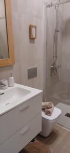 a bathroom with a sink and a toilet and a shower at Avenida Dr Baltazar Lopes da Silva 33A in Mindelo +21 photos