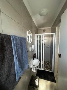 a bathroom with a sink and a shower with blue towels at Dove Cottage in Oakdale
