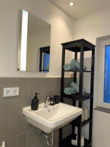 a bathroom with a sink and a shelf with towels at Modernes Dachgeschoss in Augsburg