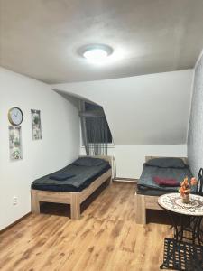 a room with two beds and a table in it at Penzion Bilina in Teplice