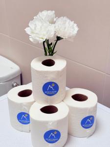 a stack of toilet paper and a vase with flowers at -MONTORIAN View LANZAROTE- in Puerto del Carmen +91 photos
