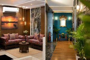 two photos of a lobby with a couch and a table at Hotel TOS Residency Jubilee hills in Hyderabad