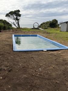 a blue pool in the middle of a field at Turismo Los Carbooneros de Pugueñun in Ancud