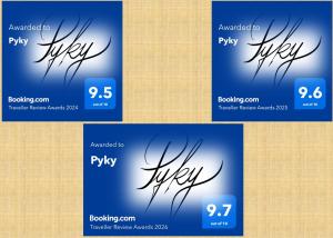 a set of four banners with cursive writing on a paper at Pyky Apartment in Baia Mare