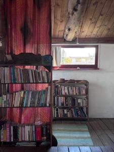 two shelves of books in a room with a window at Casa Satori in Barra de Valizas