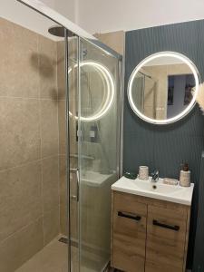 a bathroom with a shower and a sink and a mirror at De Gaulle 2 pièces Сentral Appartement in Cagnes-sur-Mer +34 photos