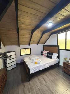 a bedroom with a large bed in a room with wooden ceilings at Lovely tiny studio in Jarabacoa