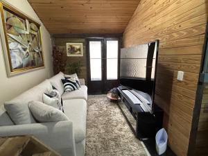 a living room with a couch and a tv at Casa Aconchegante in Pomerode +5 photos