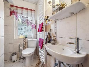 a bathroom with a white toilet and a sink at Das Haus am Wald in Waltershausen +12 photos