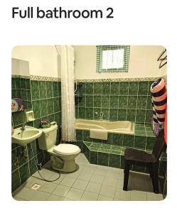 a green tiled bathroom with a toilet and a sink at Kasa Mandulia Beachfront House in Lobo +14 photos