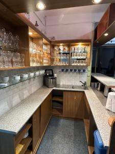 a kitchen with wooden cabinets and a sink at Hideout Villa in Hazlov