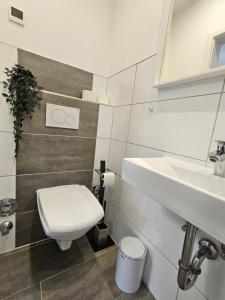 a bathroom with a white toilet and a sink at Elroi Suite in Minden