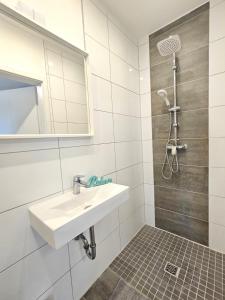 a bathroom with a sink and a shower at Elroi Suite in Minden