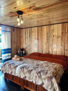a bedroom with a bed in a wooden wall at Cabaña OLIN in San Mateo Río Hondo