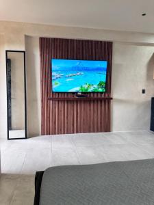 a room with a flat screen tv on a wall at Xiib Kaab Estudio con Jacuzzi in Tulum +3 photos