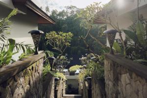 a garden with a stone wall and some plants at Adiwana Alas Harum in Ubud +40 photos