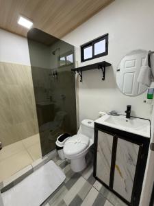 a bathroom with a toilet and a shower and a sink at Arenal cautiva in El Castillo de La Fortuna +61 photos