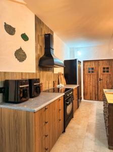 a large kitchen with wooden cabinets and a stove at Former Hotel Transformed Into Chalet In Valmorel in Les Avanchers