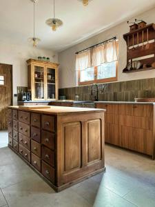 a large kitchen with wooden cabinets and a large island at Former Hotel Transformed Into Chalet In Valmorel in Les Avanchers