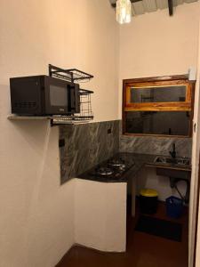 a kitchen with a counter with a microwave and a sink at Mount Boutique Villa in Kandy