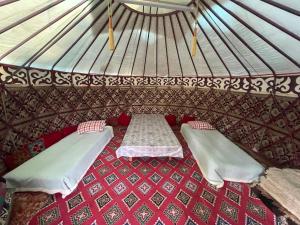 a room with two beds in a yurt at Azem Guest House in Kasymbek +27 photos