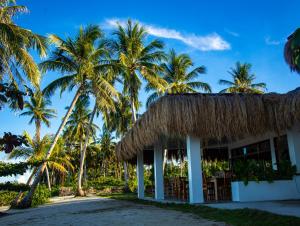 a resort with palm trees and a thatched roof at HilNer's Beach Resort in Alegria