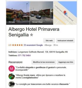 Certifikát, hodnocení, plakát nebo jiný dokument vystavený v ubytování Albergo Primavera