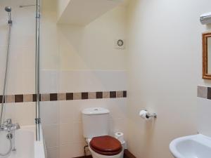 a bathroom with a toilet and a shower and a sink at Elm Tree Cottage in Kirkbymoorside +2 photos