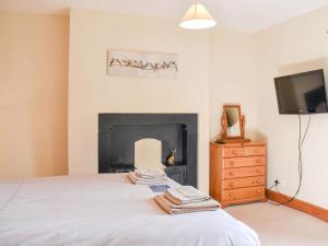 a bedroom with a bed with a fireplace and a television at Gran's Cottage Askrigg in Askrigg