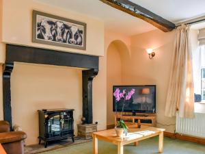 a living room with a fireplace and a tv at Gran's Cottage Askrigg in Askrigg