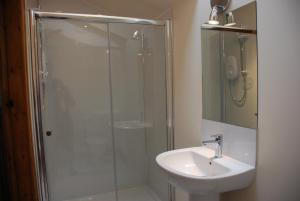 a bathroom with a shower and a sink at Farmhouse Cottage in North Rode