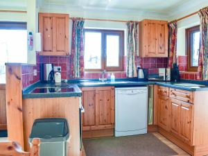a kitchen with wooden cabinets and a white dishwasher at Ricann - Ukc4244 in Lanreath