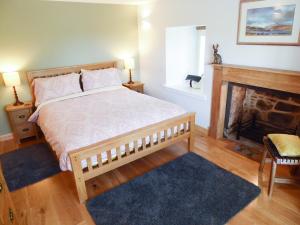 a bedroom with a large bed and a fireplace at Crosskeys Cottage in Shandon