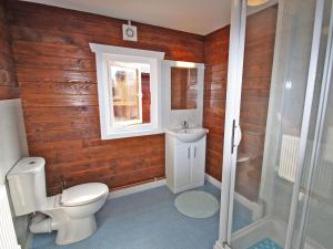 a bathroom with a toilet and a sink and a shower at White Springs - Lake View in Llanedy +11 photos