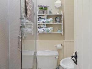 a bathroom with a shower and a toilet and a sink at The Old Cobblers Cottage in Bakewell