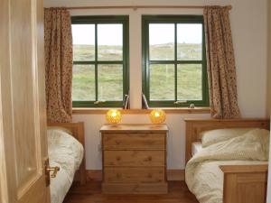 a bedroom with two twin beds and two windows at Taigh Uaine in Culkein