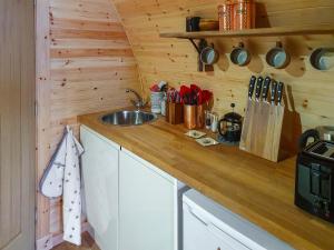 a kitchen with a sink and a wooden wall at Here - Uk50566 in Port of Menteith