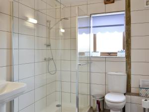 a bathroom with a shower and a toilet and a sink at Shepherdskirk in Kyloe