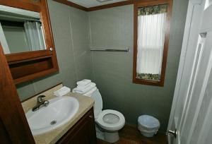 a bathroom with a sink and a toilet and a mirror at Arrowhead Camping Resort Cottage 11 in Douglas Center