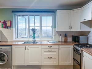 a kitchen with white cabinets and a sink and a window at Heron's Lodge in Llanarthney
