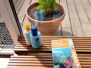 two bottles of sunscreen and a book on a bench at The Revie in Bridlington