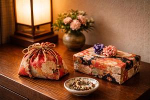 a table with two boxes and a vase with flowers at AKARI Kyoto Gion in Kyoto +51 photos